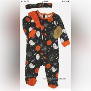 Halloween Outfit Headband Sleep Play Bow 2 pc Girls Pumpkin Ghost Footie Sleeper